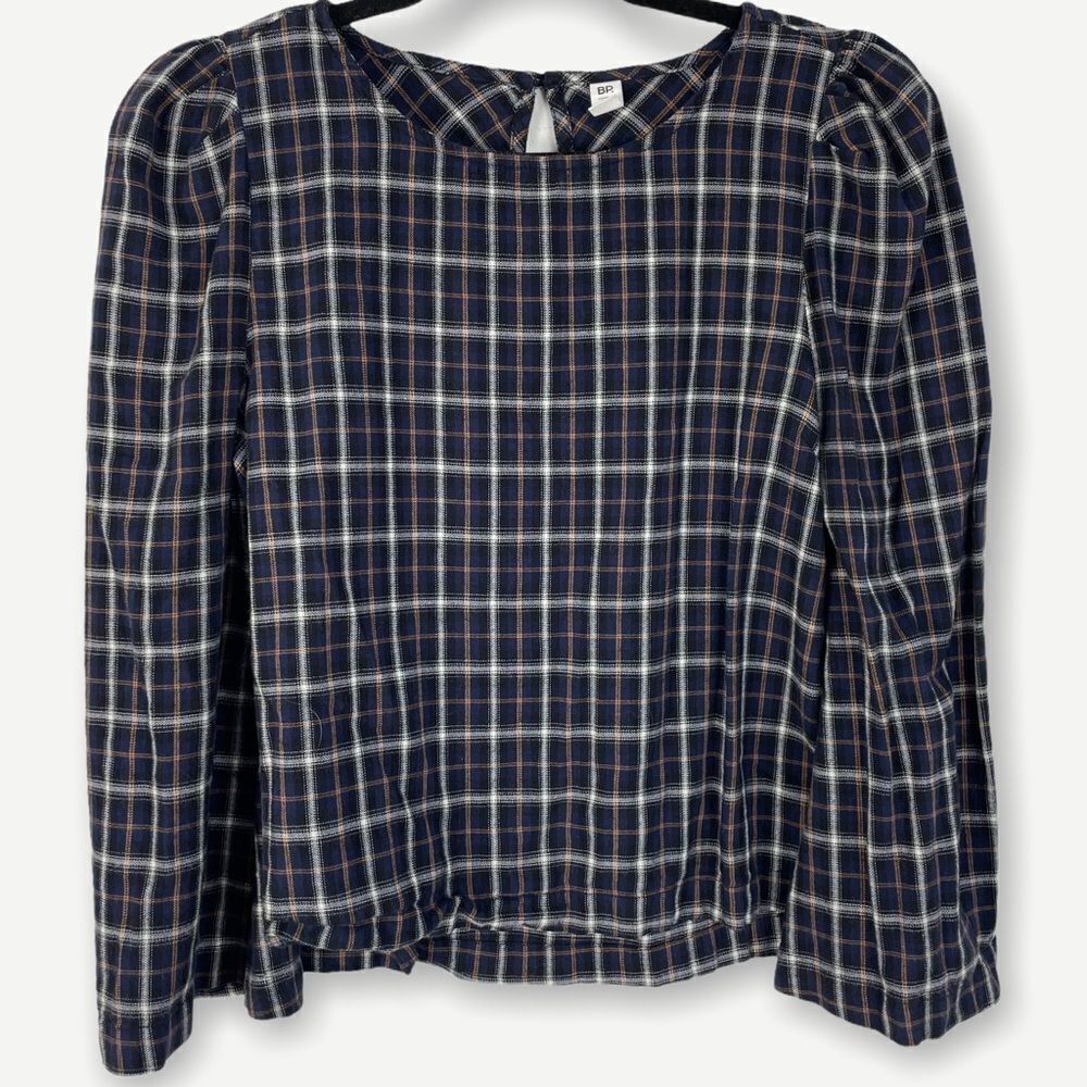 BP 3/4 Bell Sleeve Plaid Peplum Puff Shoulder Top